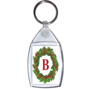 Christmas Holly wreath with a Red letter 'B' - Keyring