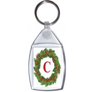 Christmas Holly wreath with a Red letter 'C' - Keyring