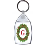 Christmas Holly wreath with a Red letter 'G' - Keyring