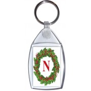 Christmas Holly wreath with a Red letter 'N' - Keyring