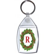 Christmas Holly wreath with a Red letter 'R' - Keyring