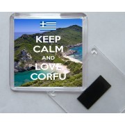Keep Calm and Love Corfu - Square Acrylic Fridge Magnet