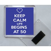 Keep Calm Life Begins at 50 - Square Acrylic Fridge Magnet