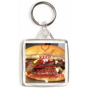 Keep Calm and Eat a Bacon Cheeseburger - Square Keyring